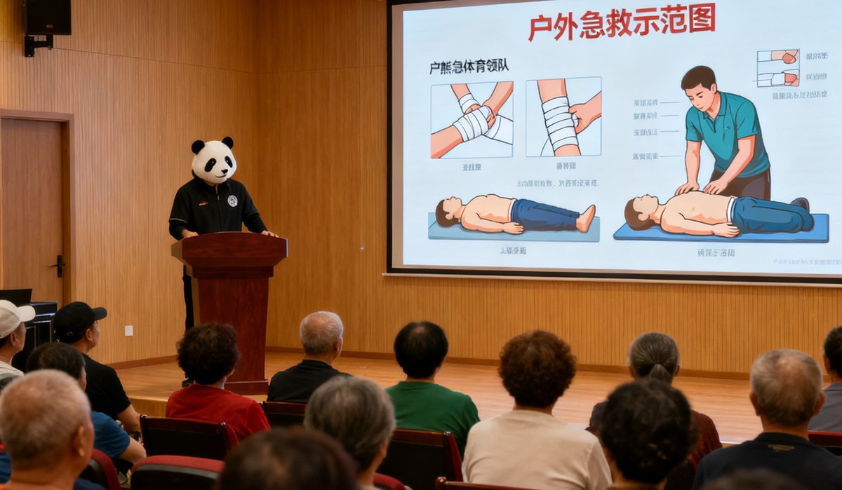 熊猫体育领队在社区活动中心为居民讲解户外安全知识，现场座无虚席，屏幕上显示着户外急救示范图